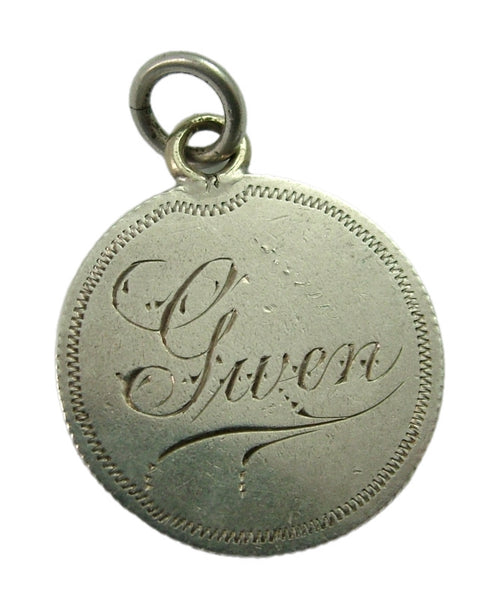 Antique Victorian Silver Engraved Love Token Coin Charm “GWEN July 8th ‘98” Love Token - Sandy's Vintage Charms