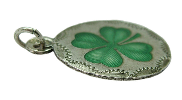 Large Antique Edwardian c1910 Silver & Enamel Lucky Four Leaf Clover Charm