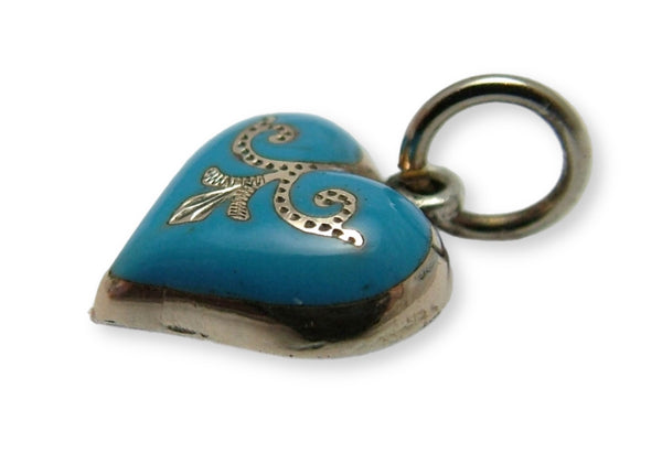 Small Vintage 1950’s Silver & Turquoise Enamel Heart Charm Enamel Charm - Sandy's Vintage Charms