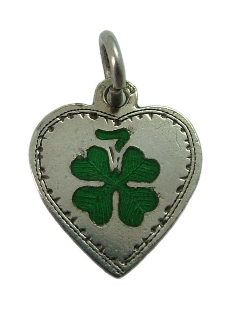 Antique Edwardian c1910 Silver & Enamel Lucky Four Leaf Clover Heart Charm Antique Charm - Sandy's Vintage Charms