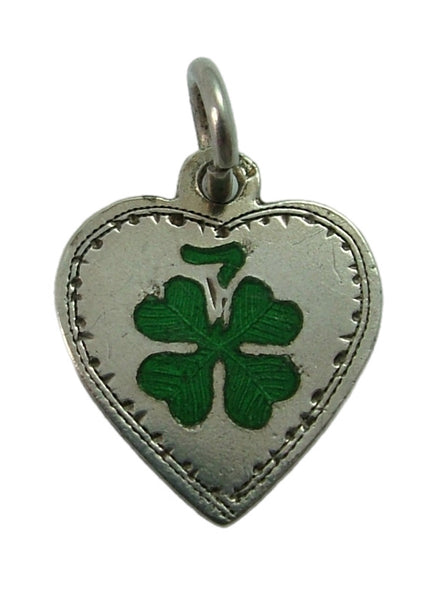 Antique Edwardian c1910 Silver & Enamel Lucky Four Leaf Clover Heart Charm Antique Charm - Sandy's Vintage Charms