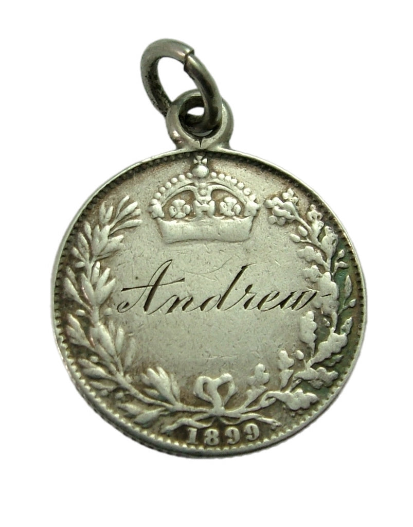 Antique Victorian Silver Engraved Love Token Coin Charm ANDREW Love Token - Sandy's Vintage Charms