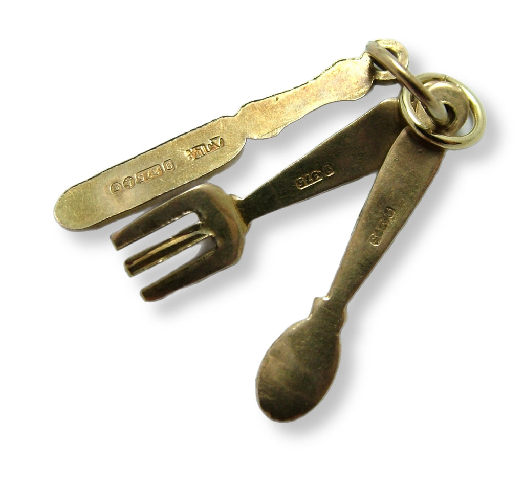 Vintage 1960's Solid 9ct Gold Knife, Fork & Spoon Cutlery Set Charm HM