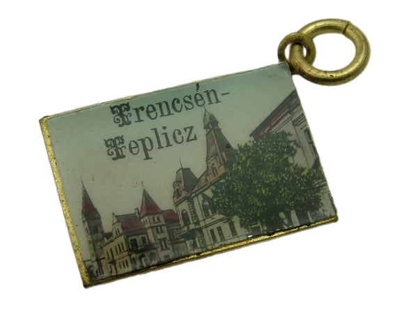 Antique Edwardian c1910 Brass Miniature Trencsen Teplicz Hungary Postcard Charm Antique Charm - Sandy's Vintage Charms