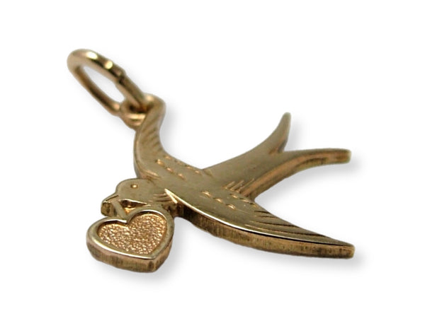 Small Vintage 1970's Solid 9ct Gold Swallow with Heart Charm HM 1978 Gold Charm - Sandy's Vintage Charms