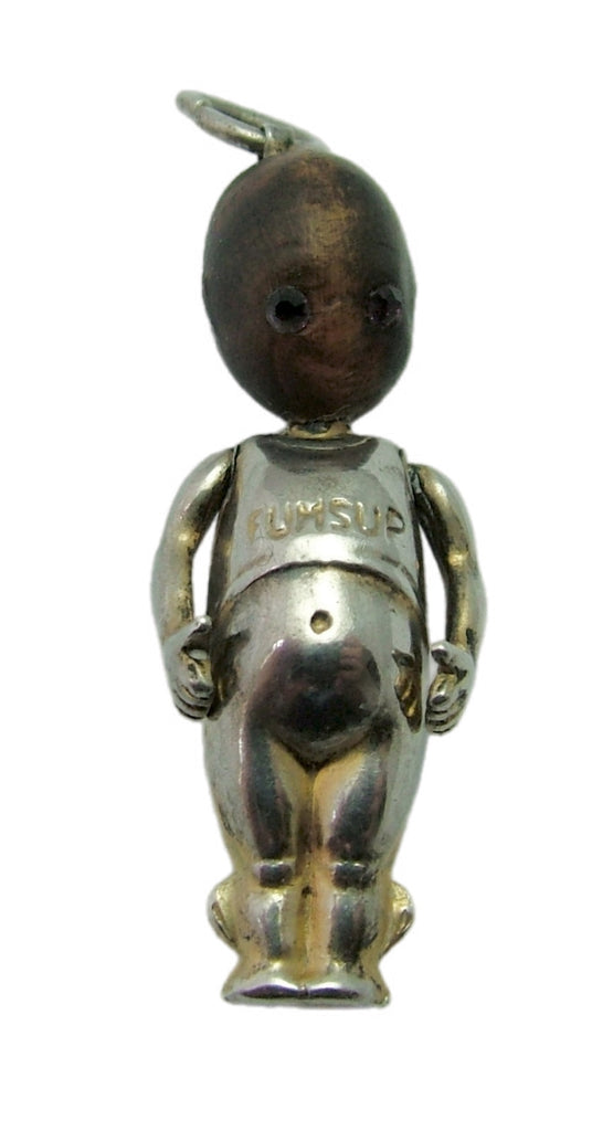 Antique WWI Silver & Wooden Fumsup Touch Wood Charm with Purple Paste Eyes Antique Charm - Sandy's Vintage Charms