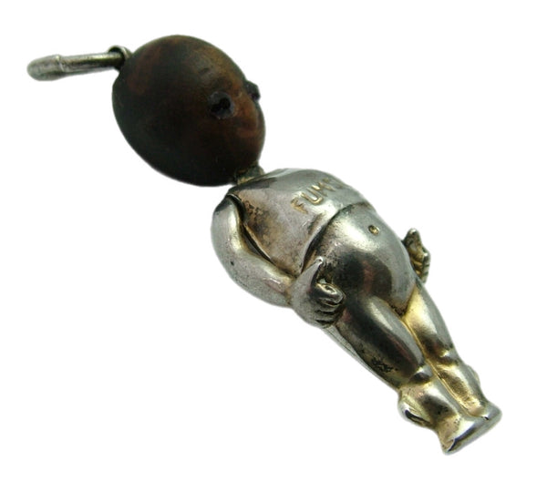 Antique WWI Silver & Wooden Fumsup Touch Wood Charm with Purple Paste Eyes Antique Charm - Sandy's Vintage Charms