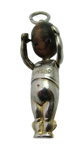 Antique WWI Silver & Wooden Fumsup Touch Wood Charm with Purple Paste Eyes Antique Charm - Sandy's Vintage Charms