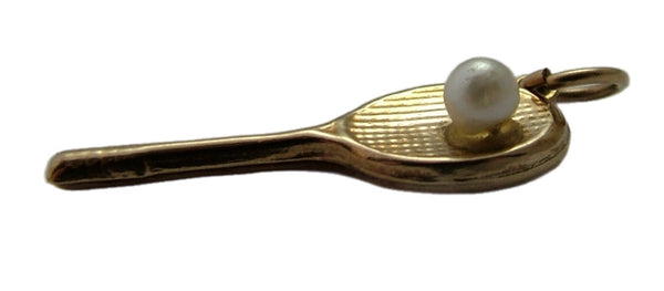 Vintage 1950's Hollow 9ct Gold Tennis Racket Charm with Faux Pearl Ball Gold Charm - Sandy's Vintage Charms
