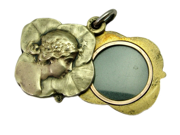 Antique Art Nouveau c1895 Silver Gilt Lady Slider Locket Charm or Pendant Antique Charm - Sandy's Vintage Charms