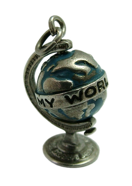 Vintage 1950's Silver & Enamel Painted “You Are My World” Rotating Globe Charm Silver Charm - Sandy's Vintage Charms
