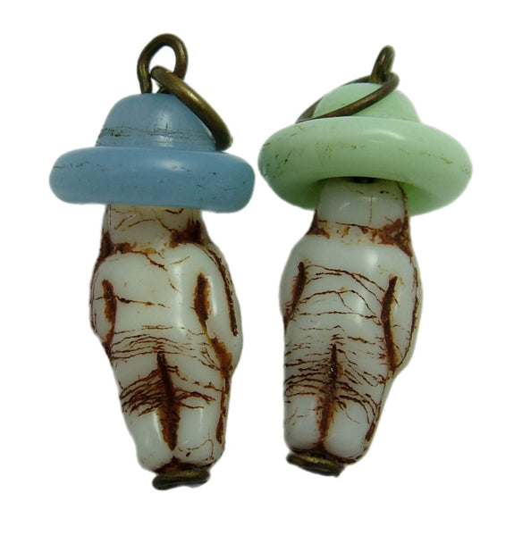 Pair of Small Vintage 1920's Czech Glass Doll Charms with Hats 1920s-1950s Charm - Sandy's Vintage Charms