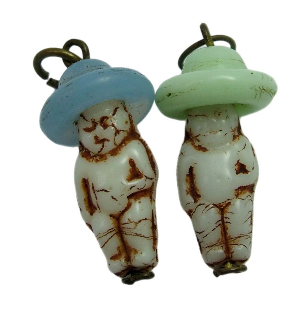 Pair of Small Vintage 1920's Czech Glass Doll Charms with Hats 1920s-1950s Charm - Sandy's Vintage Charms