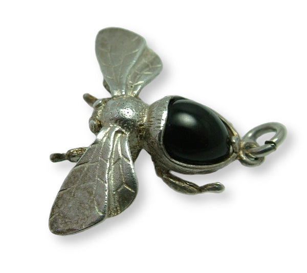 Large Vintage 1970's Silver & Black Glass Bee Charm Silver Charm - Sandy's Vintage Charms