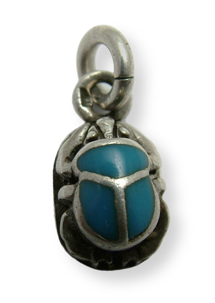 Vintage 1990's Solid Silver & Turquoise Enamel Scarab Beetle Charm Enamel Charm - Sandy's Vintage Charms