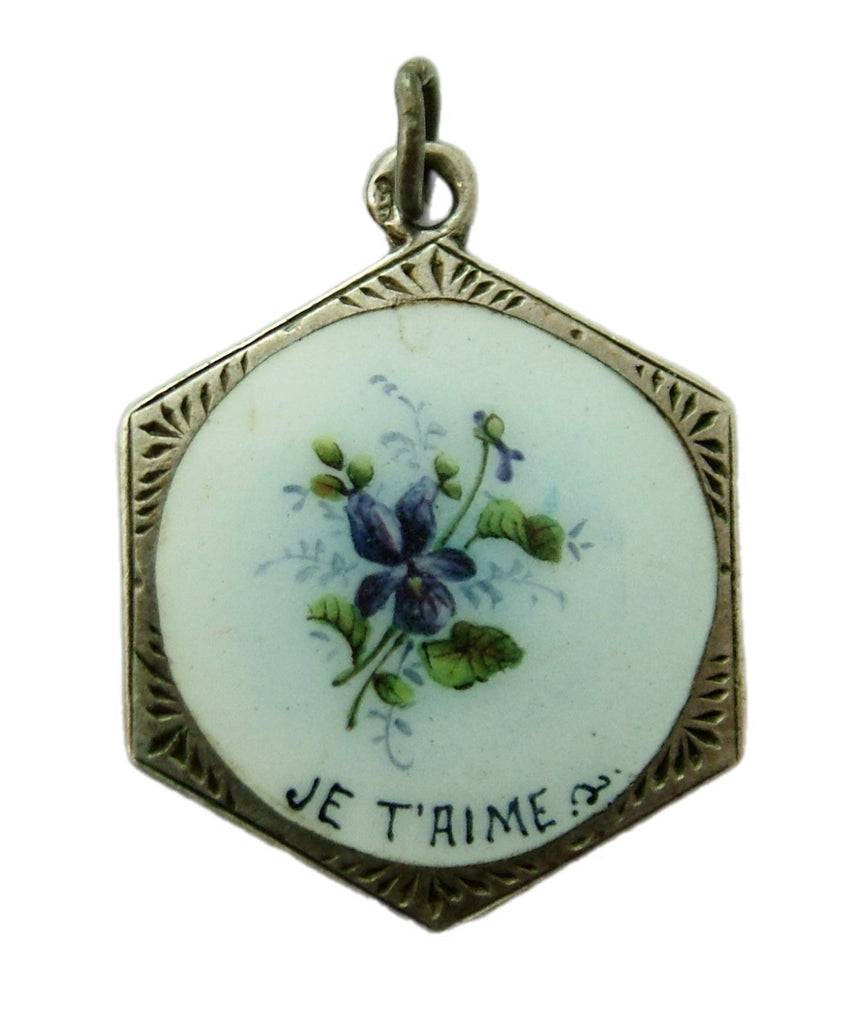 Antique Victorian c1900 Silver & Enamel “Je T’aime” Pansy Flower Charm