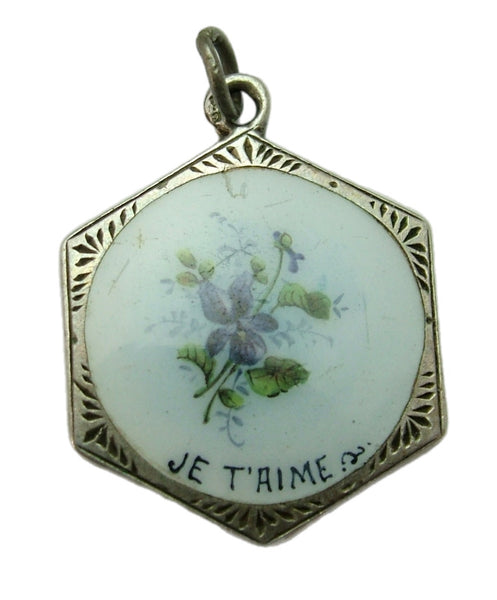 Antique Victorian c1900 Silver & Enamel “Je T’aime” Pansy Flower Charm