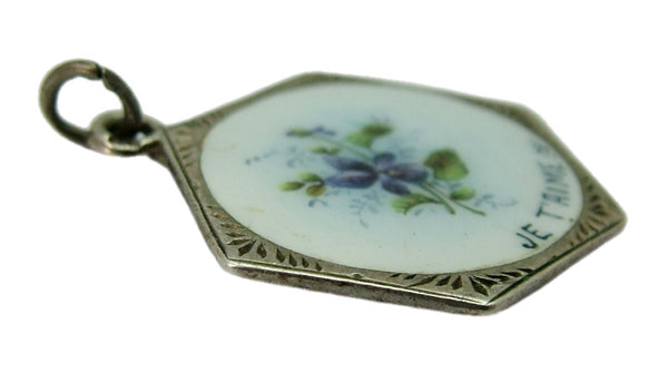 Antique Victorian c1900 Silver & Enamel “Je T’aime” Pansy Flower Charm