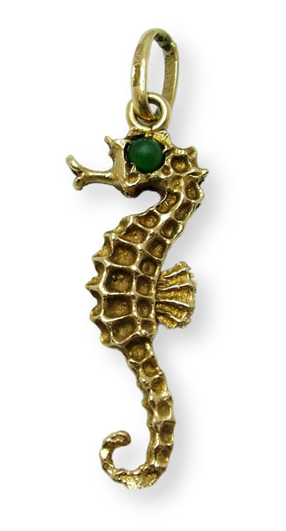 Large Vintage 1960’s Solid 18ct 18k Gold Seahorse Charm with Green Chrysoprase Eyes Gold Charm - Sandy's Vintage Charms