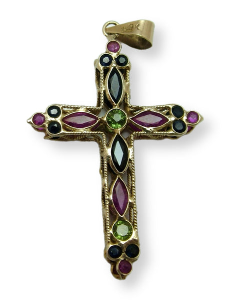 Modern Secondhand 9ct Gold Ruby, Peridot & Sapphire Cross Charm or Pendant HM 2000 Gold Charm - Sandy's Vintage Charms