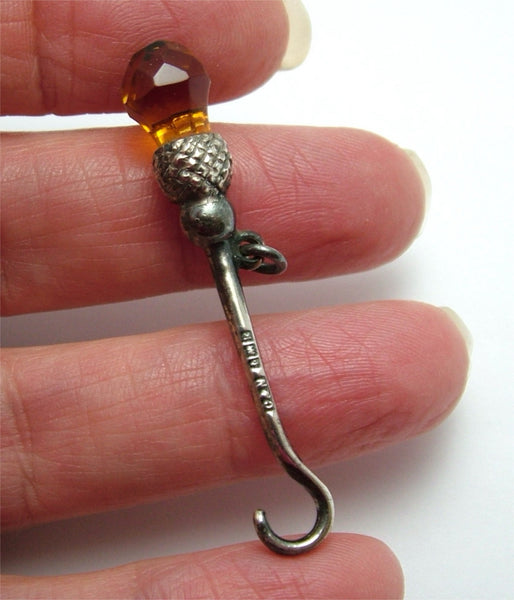 Antique Edwardian Silver & Citrine Glass Thistle Button Hook Charm HM 1909 Antique Charm - Sandy's Vintage Charms