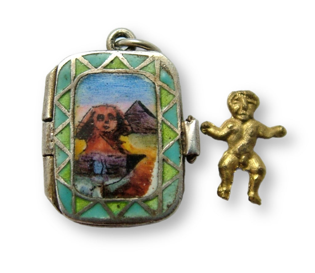 Vintage 1920's Silver & Enamel Opening Moses Basket Charm Removable Baby Inside 1920s-1950s Charm - Sandy's Vintage Charms