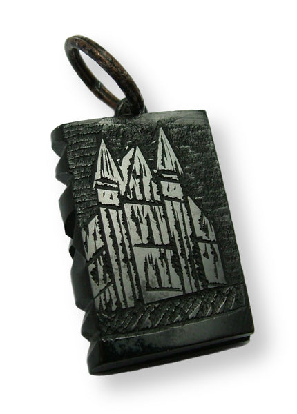 Antique Victorian c1890 Carved Whitby Jet Book Charm with Abbey Pictured Antique Charm - Sandy's Vintage Charms