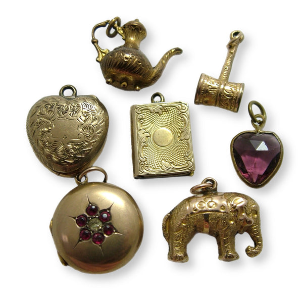 Collection of Antique Victorian Metal Charms inc Mourning Lockets, Glass Heart, Elephant etc SET C Antique Charm - Sandy's Vintage Charms