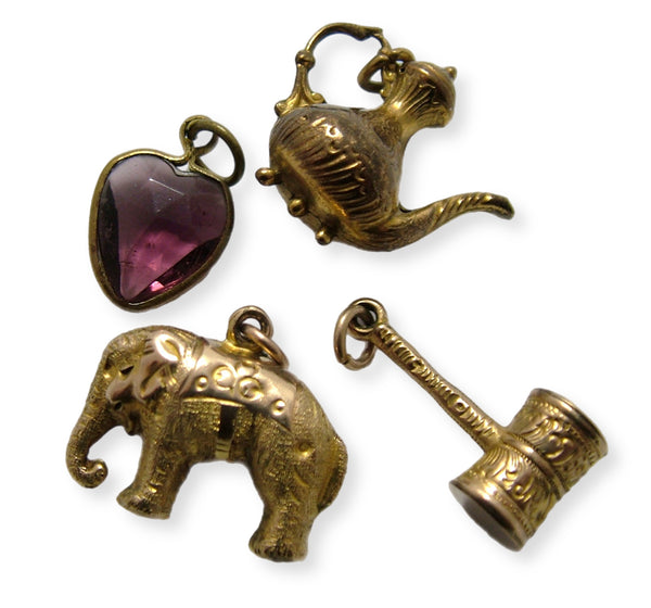 Collection of Antique Victorian Metal Charms inc Mourning Lockets, Glass Heart, Elephant etc SET C Antique Charm - Sandy's Vintage Charms