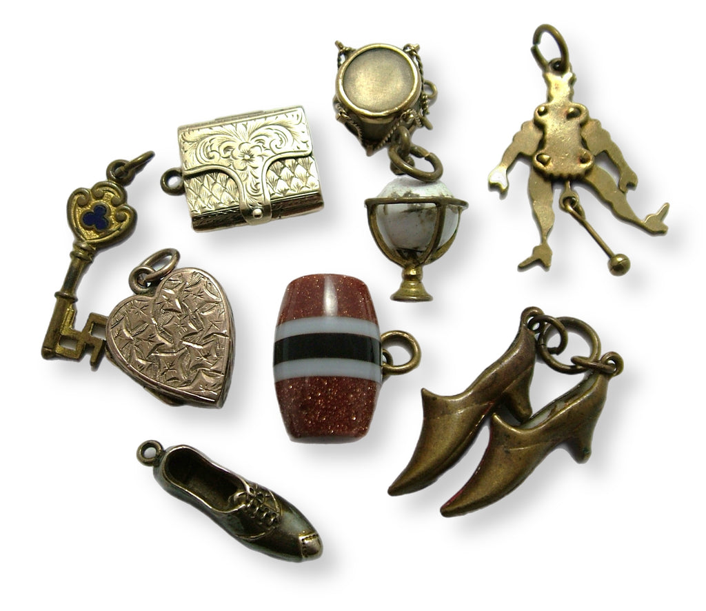 Collection of Antique Victorian Metal Charms inc Envelope Locket, Heart, Globe, Shoes etc SET B Antique Charm - Sandy's Vintage Charms