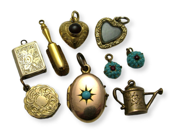 Collection of Antique Victorian Metal Charms inc Mourning Lockets, Hearts, Turquoise, Watering Can etc SET A Antique Charm - Sandy's Vintage Charms