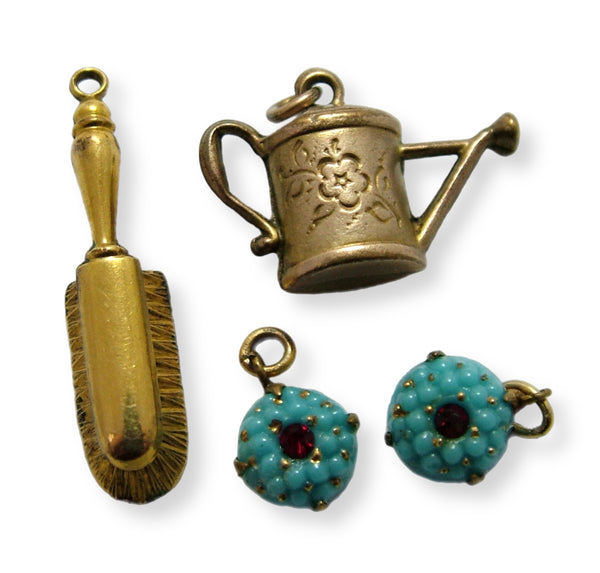 Collection of Antique Victorian Metal Charms inc Mourning Lockets, Hearts, Turquoise, Watering Can etc SET A Antique Charm - Sandy's Vintage Charms