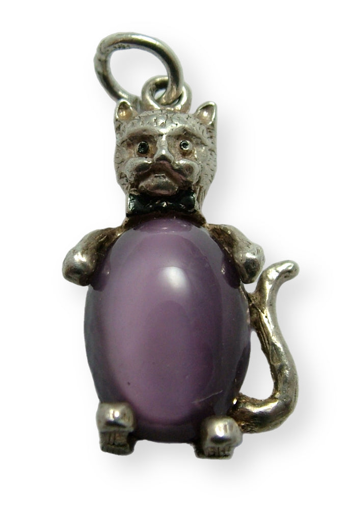 Vintage 1960's Silver & Purple Crystal Cat Charm with Bow Tie Silver Charm - Sandy's Vintage Charms