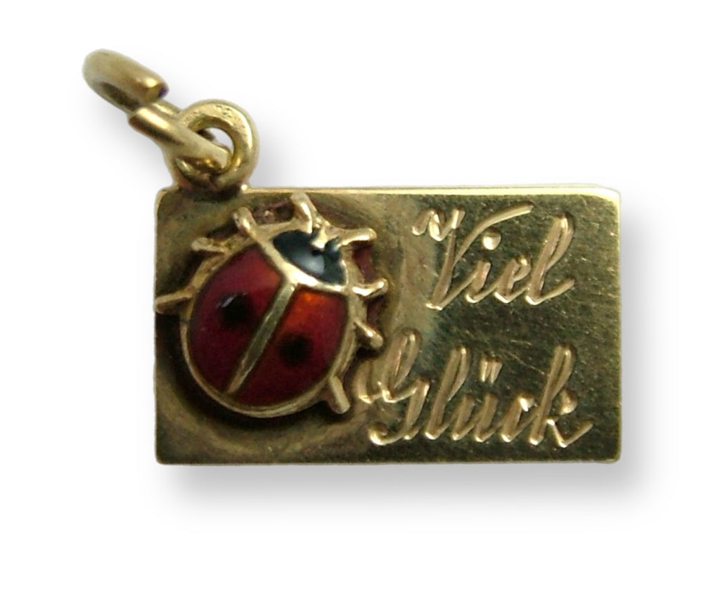 Vintage 1950’s 14ct 14k Gold & Red Enamel Lucky Ladybird Letter Charm “Viel Gluck” Gold Charm - Sandy's Vintage Charms