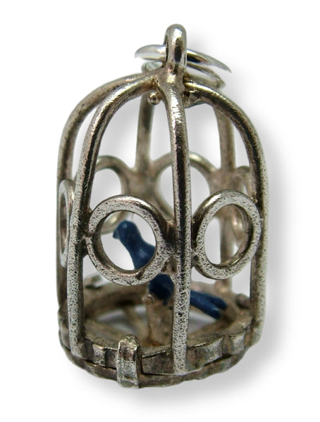 Vintage 1960's Silver Birdcage Charm Blue Bird on a Perch Inside Silver Charm - Sandy's Vintage Charms
