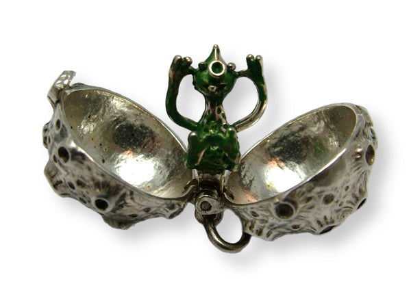 Vintage 1960's Silver Opening Nuvo Moon Charm Green Enamel Alien Inside Silver Charm - Sandy's Vintage Charms
