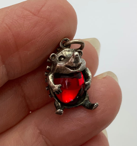 Vintage 1970's Silver & Red Crystal Hedgehog Charm Silver Charm - Sandy's Vintage Charms
