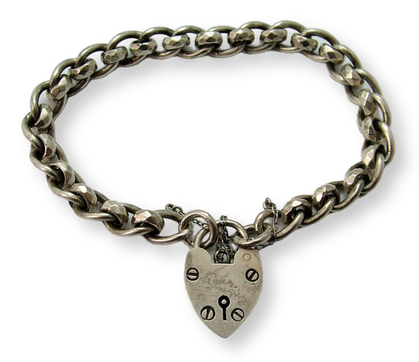 Heavy Vintage 1970's English Silver Padlock Bracelet 8 Inches & 34.1g with Faceted Links Bracelet - Sandy's Vintage Charms