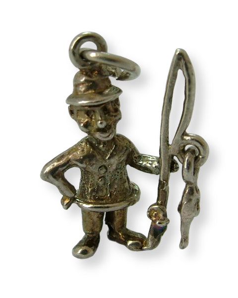 Vintage 1970's Solid Silver Fisherman Charm with Moving Fish Silver Charm - Sandy's Vintage Charms