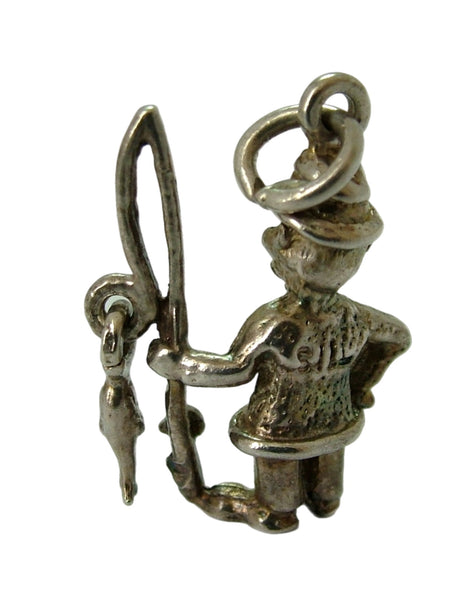 Vintage 1970's Solid Silver Fisherman Charm with Moving Fish Silver Charm - Sandy's Vintage Charms