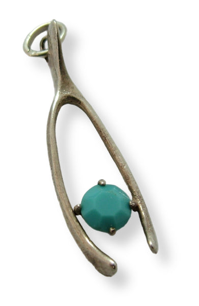Large Vintage 1960's Solid Silver Wishbone Charm with Turquoise Glass Stone Silver Charm - Sandy's Vintage Charms