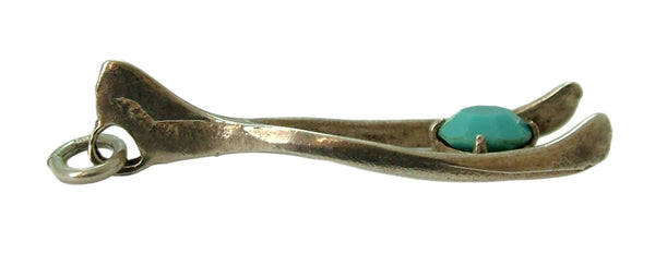 Large Vintage 1960's Solid Silver Wishbone Charm with Turquoise Glass Stone Silver Charm - Sandy's Vintage Charms