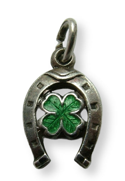 Small Vintage 1950's Silver & Green Enamel Four Leaf Clover In a Horseshoe Charm