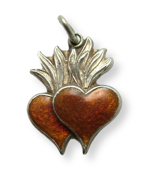 Vintage 1950's Silver & Orange Enamel Sacred Hearts Charm