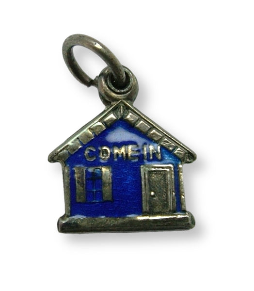 Small Vintage 1950's Silver Gilt & Blue Enamel House Slider Charm “COME IN” with Beds Inside