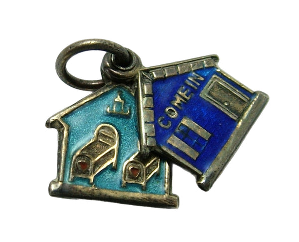 Small Vintage 1950's Silver Gilt & Blue Enamel House Slider Charm “COME IN” with Beds Inside Enamel Charm - Sandy's Vintage Charms