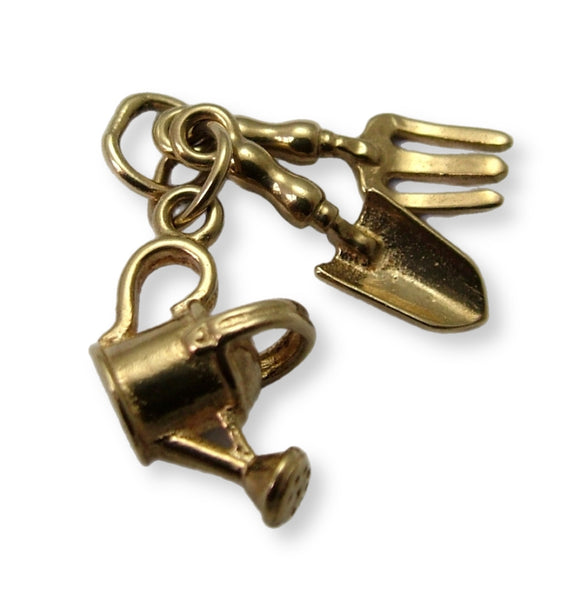 Vintage 1980's 9ct Gold Garden Tool Charm Set - Trowel, Fork & Watering Can Gold Charm - Sandy's Vintage Charms