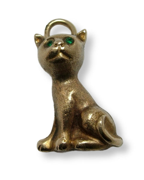 Vintage 1970's 9ct Gold Hollow Cat Charm with Green Paste Eyes HM 1973