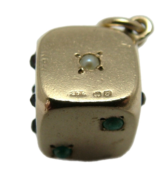 Vintage 1960's Solid 9ct Gold Dice Charm Set With Pearls, Turquoise & Garnet HM 1963 Gold Charm - Sandy's Vintage Charms