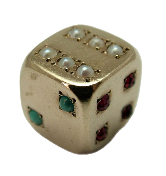 Vintage 1960's Solid 9ct Gold Dice Charm Set With Pearls, Turquoise & Garnet HM 1963 Gold Charm - Sandy's Vintage Charms